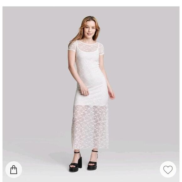Wild Fable Off White Lace Maxi Dress Over Mini Short Sleeves Womens Large NWT - Picture 1 of 12
